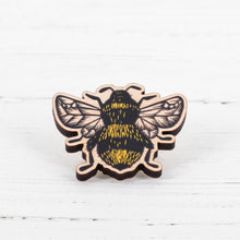 Load image into Gallery viewer, Bee lino print wooden pin badge