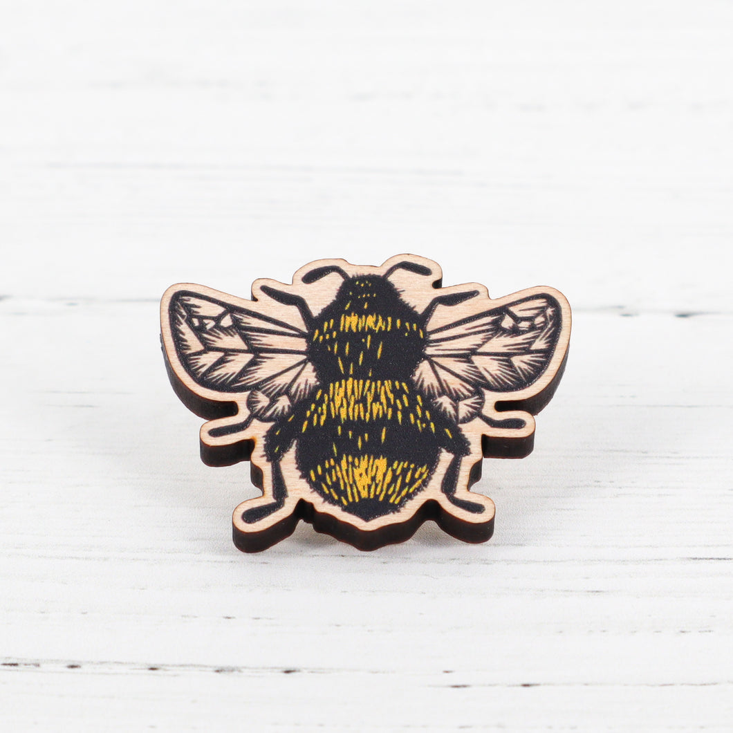 Bee lino print wooden pin badge