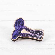 Load image into Gallery viewer, Amethyst Deceiver Mushroom lino print wooden pin badge