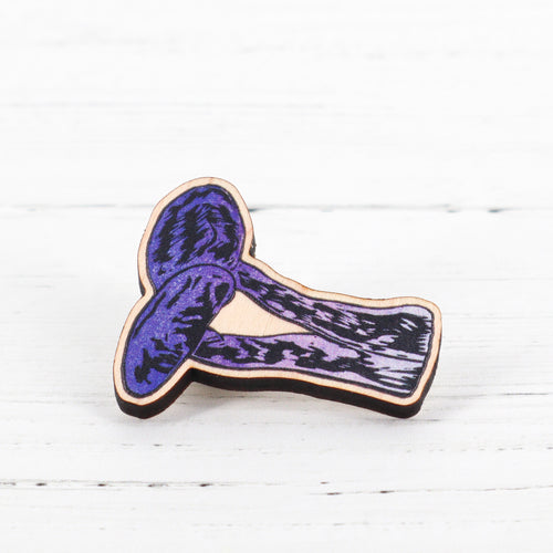 Amethyst Deceiver Mushroom lino print wooden pin badge