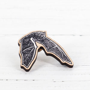 Bat lino print wooden pin badge