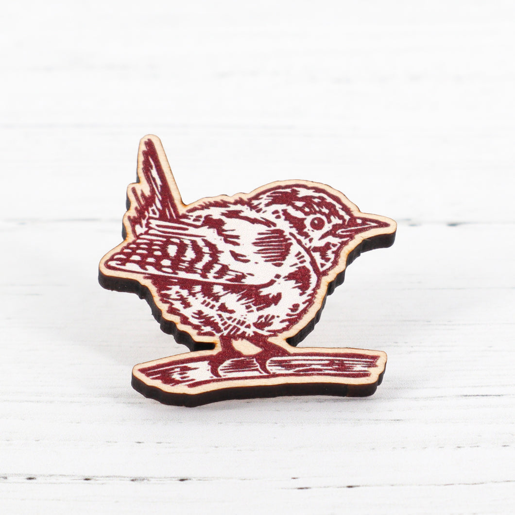 Wren lino print wooden pin badge