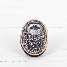 Load image into Gallery viewer, Hedgehog lino print wooden pin badge