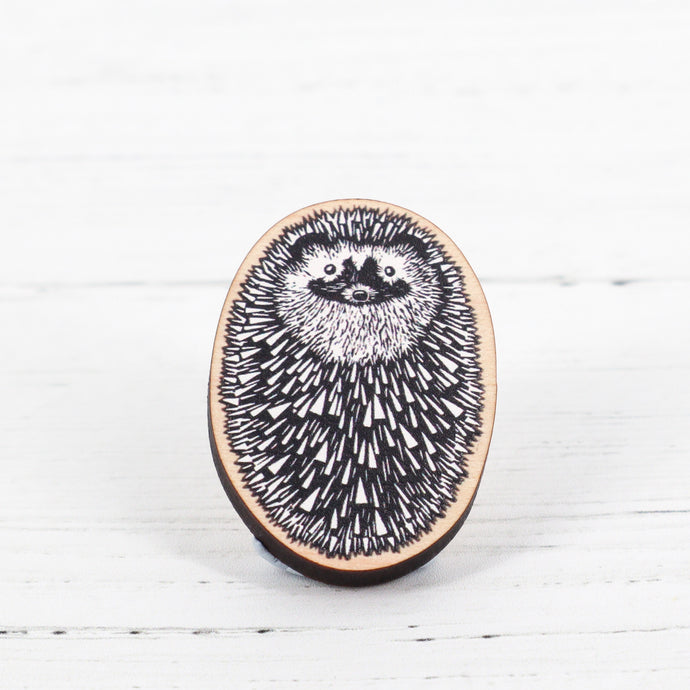 Hedgehog lino print wooden pin badge