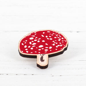 Fly agaric mushroom lino print wooden pin badge