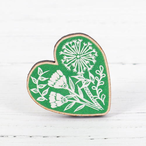 Botanical heart lino print wooden pin badge