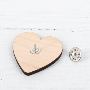 Botanical heart lino print wooden pin badge