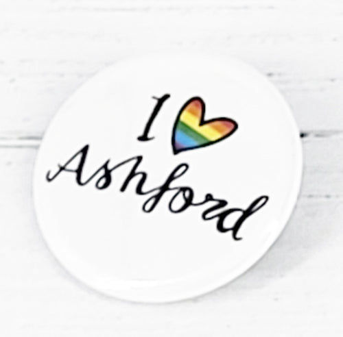 Pride I love Ashford merch font rainbow heart badge