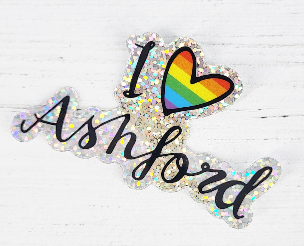 Pride I love Ashford merch font cut out rainbow heart holographic sticker