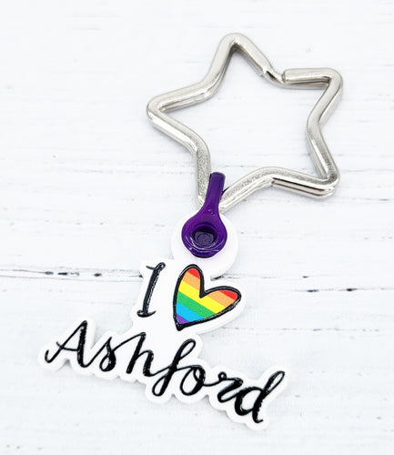 Pride I love Ashford merch font cut out rainbow heart keyring