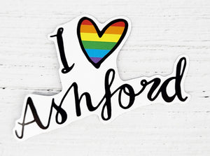 Pride I love Ashford merch font cut out rainbow heart sticker