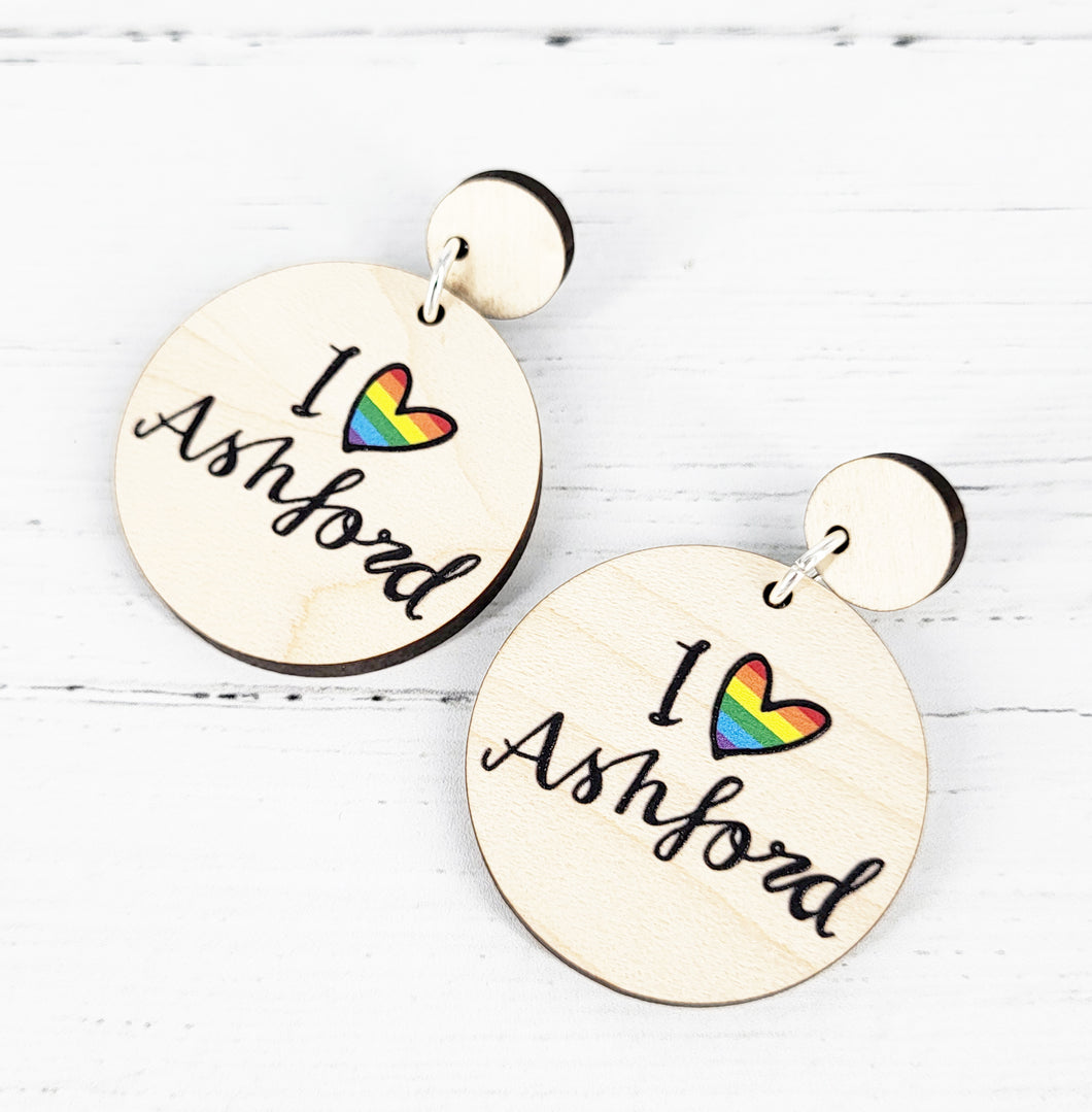 Pride I love Ashford merch font wooden earrings