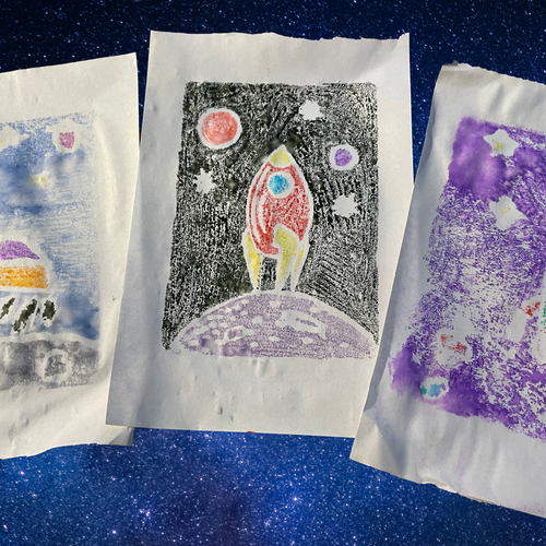 Rockets, Rovers & Robots Space themed block printing workshop Saturday 22nd February 11 - 12